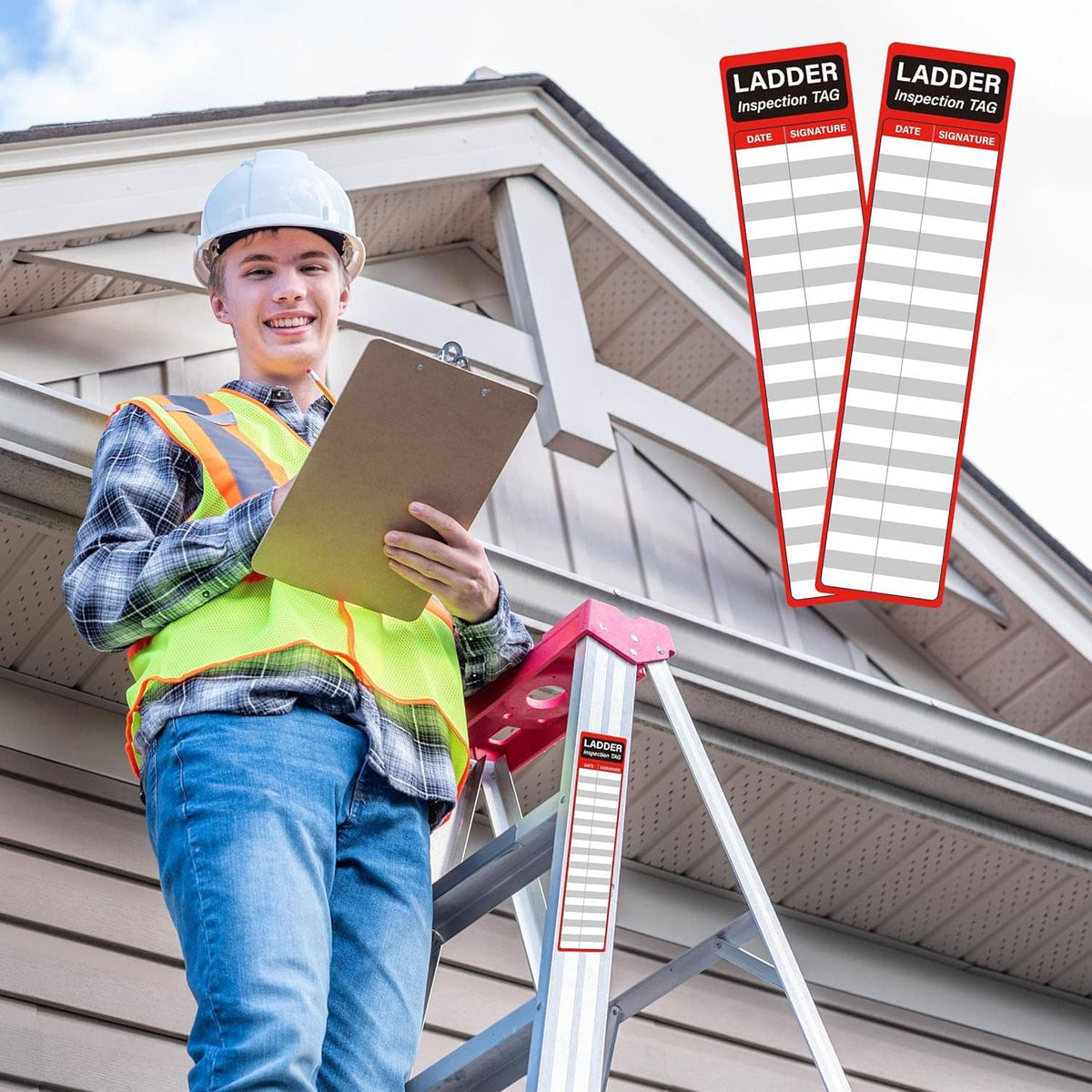 Multiple ladder inspection tag stickers displayed on a ladder, red and grey checklist layout