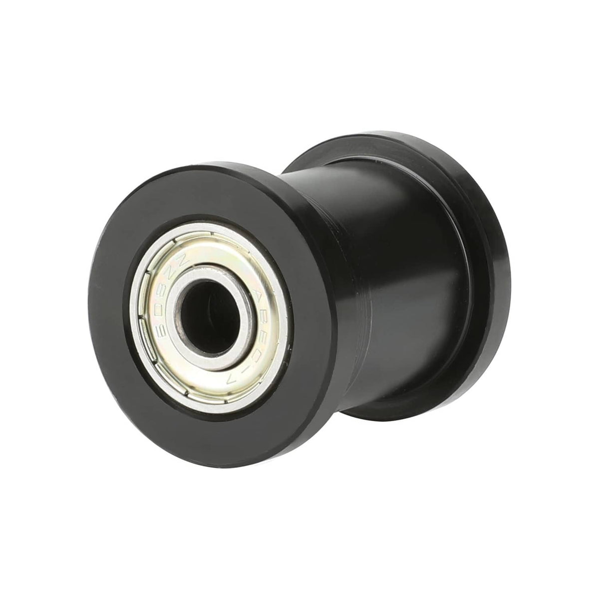 Mini bike chain tensioner roller assembly with black rubber housing and inner bearing