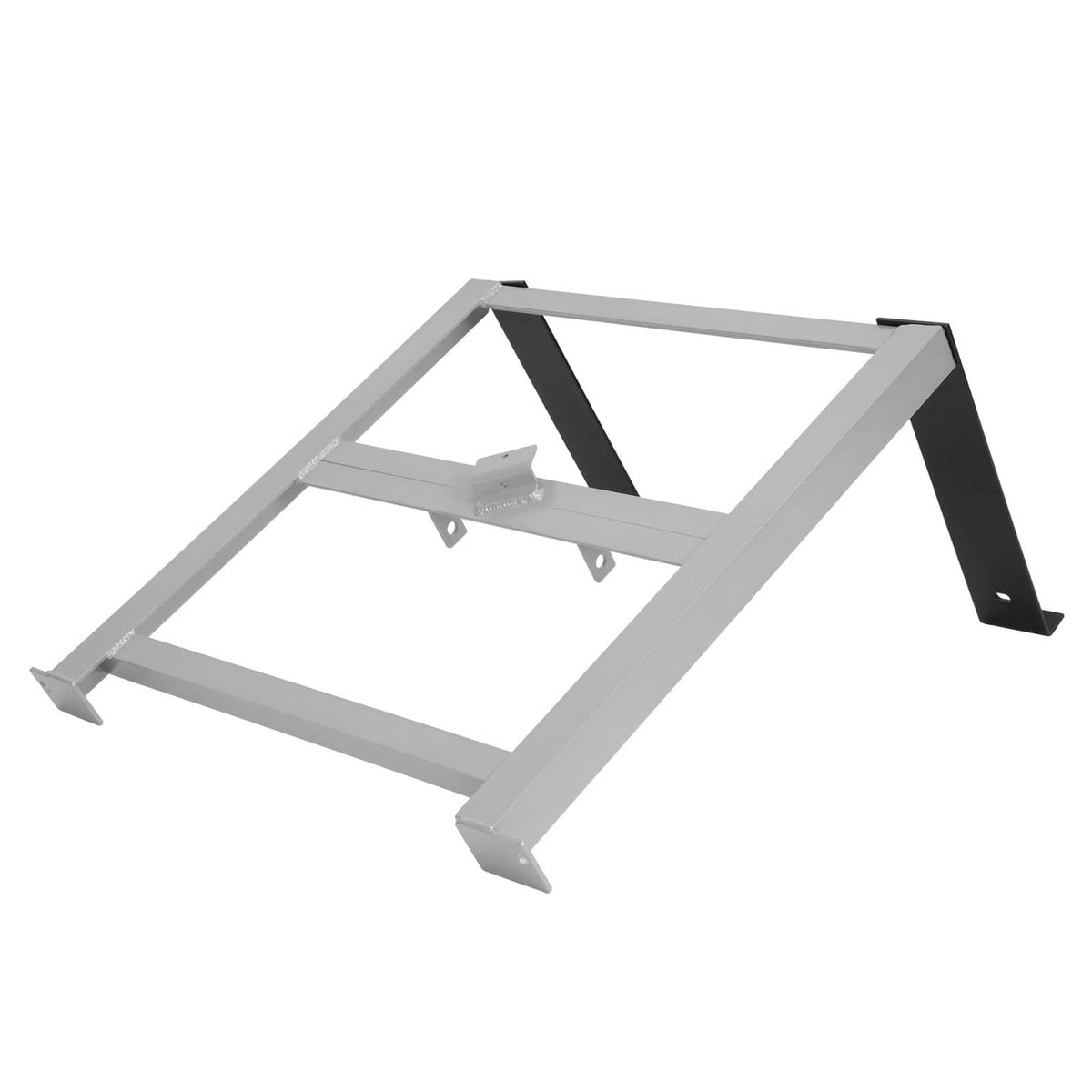 Silver battery tray base with angled support legs and black end brace panels