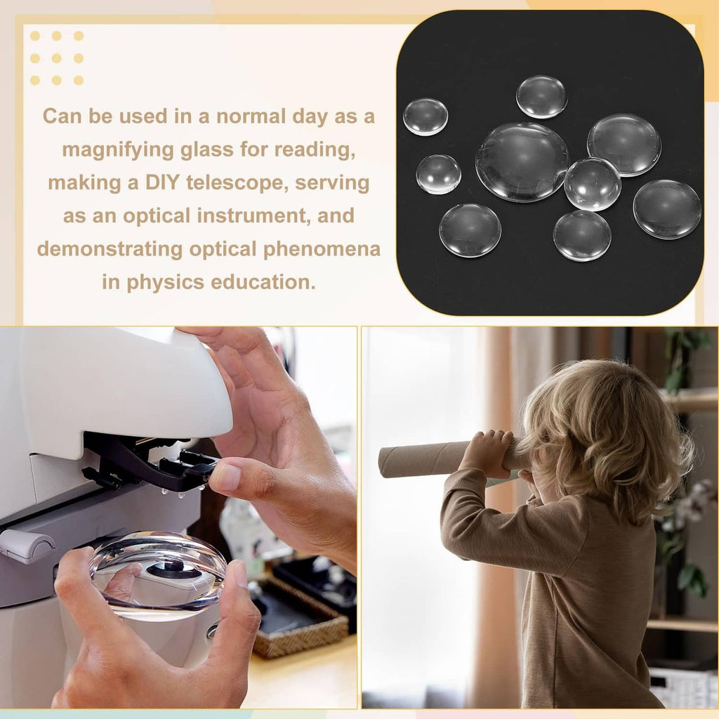 Child using a magnifying glass; domed convex lenses shown
