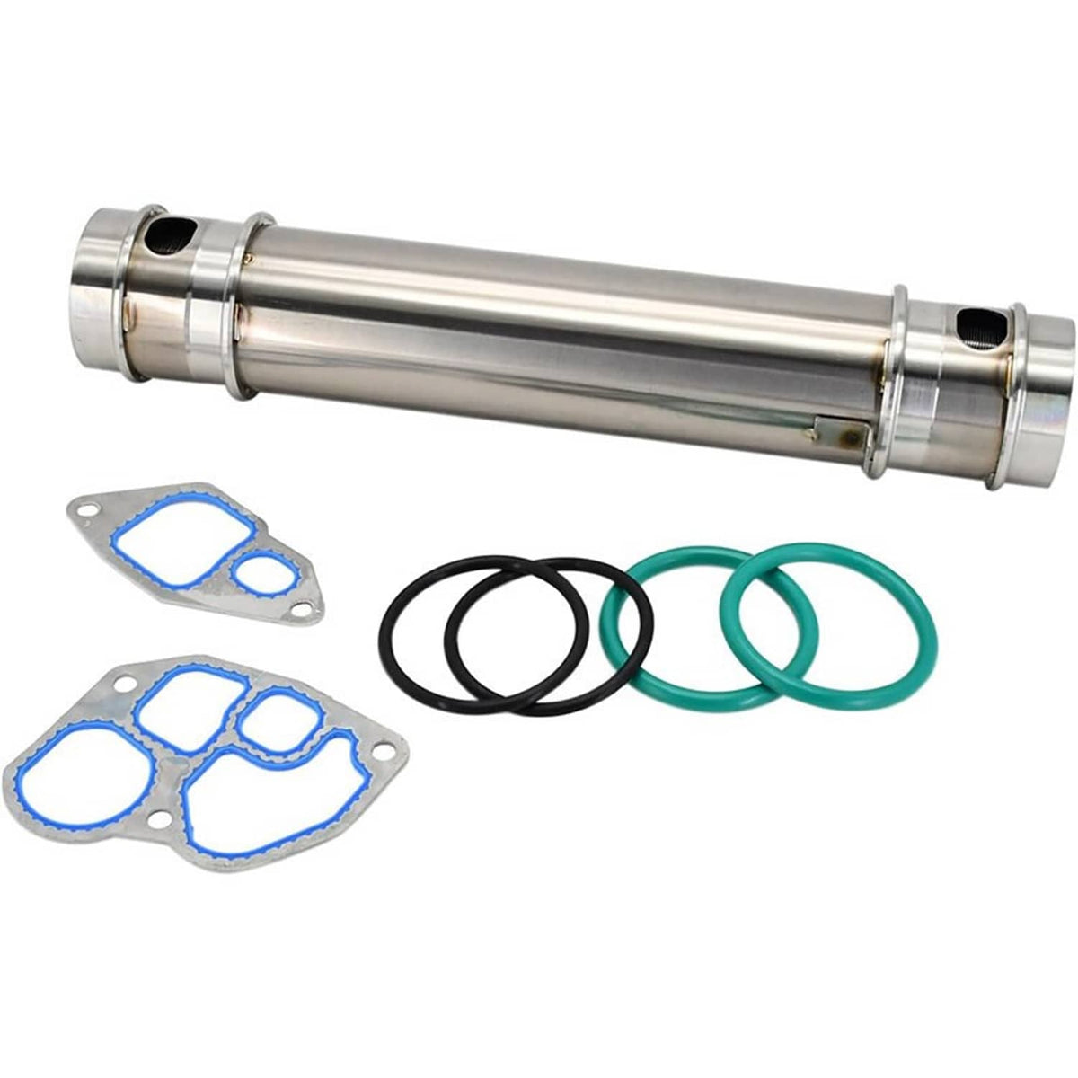 Stainless oil cooler assembly with gaskets, black O-ring, and green O-ring seals