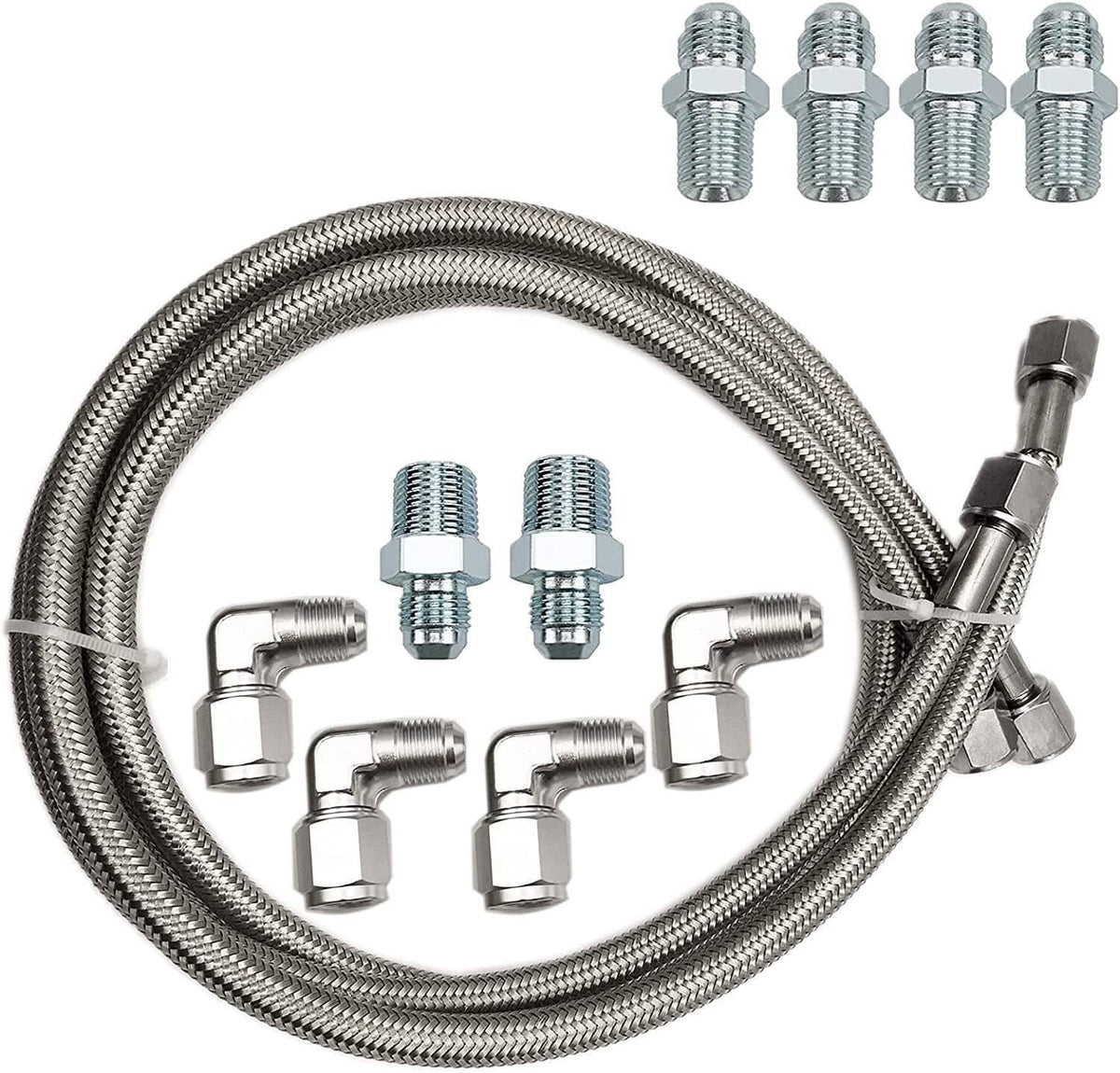 Stainless steel braided transmission cooler hose line kit with multiple threaded fittings