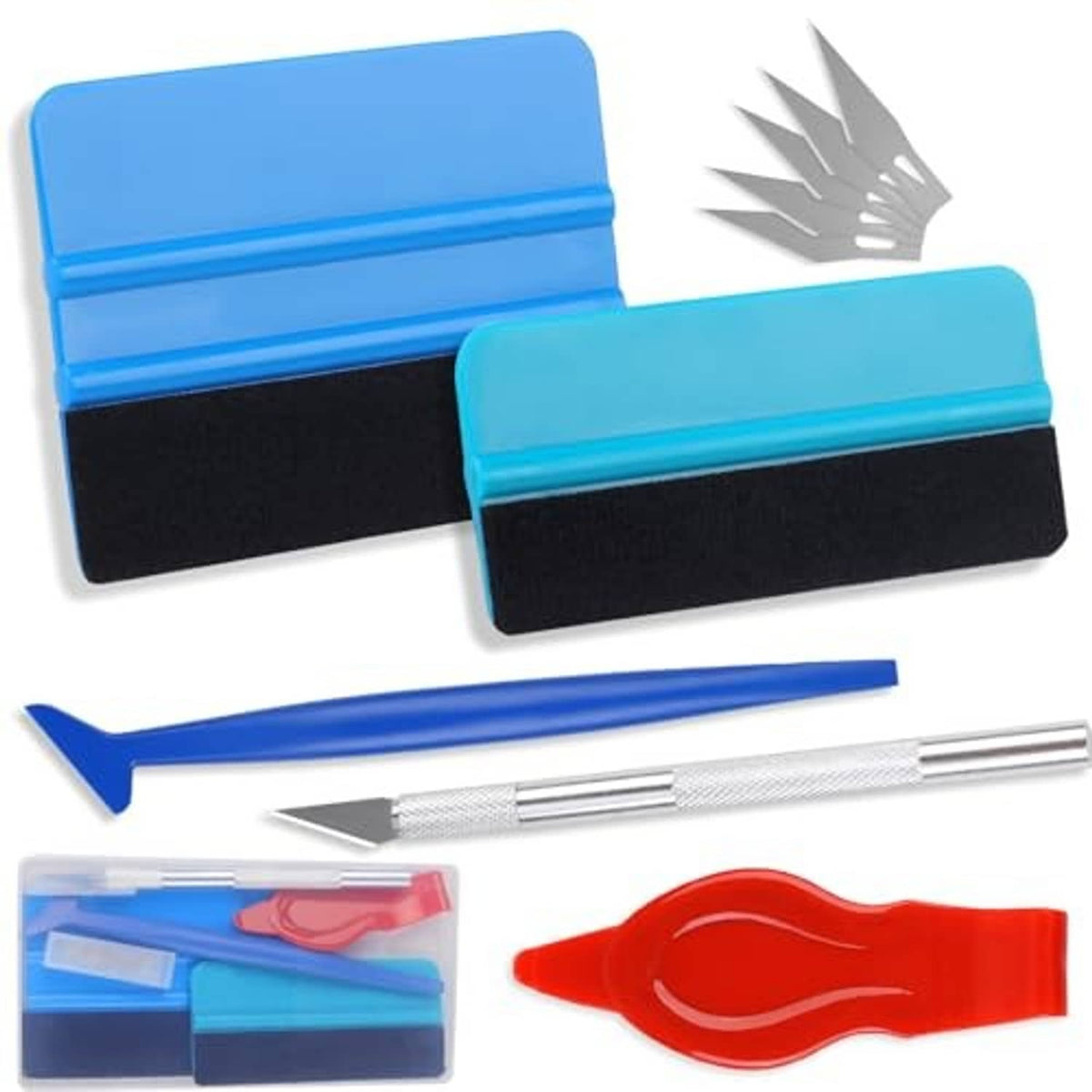 Blue-and-black window tint squeegees with long stick and snap-in craft blade handle