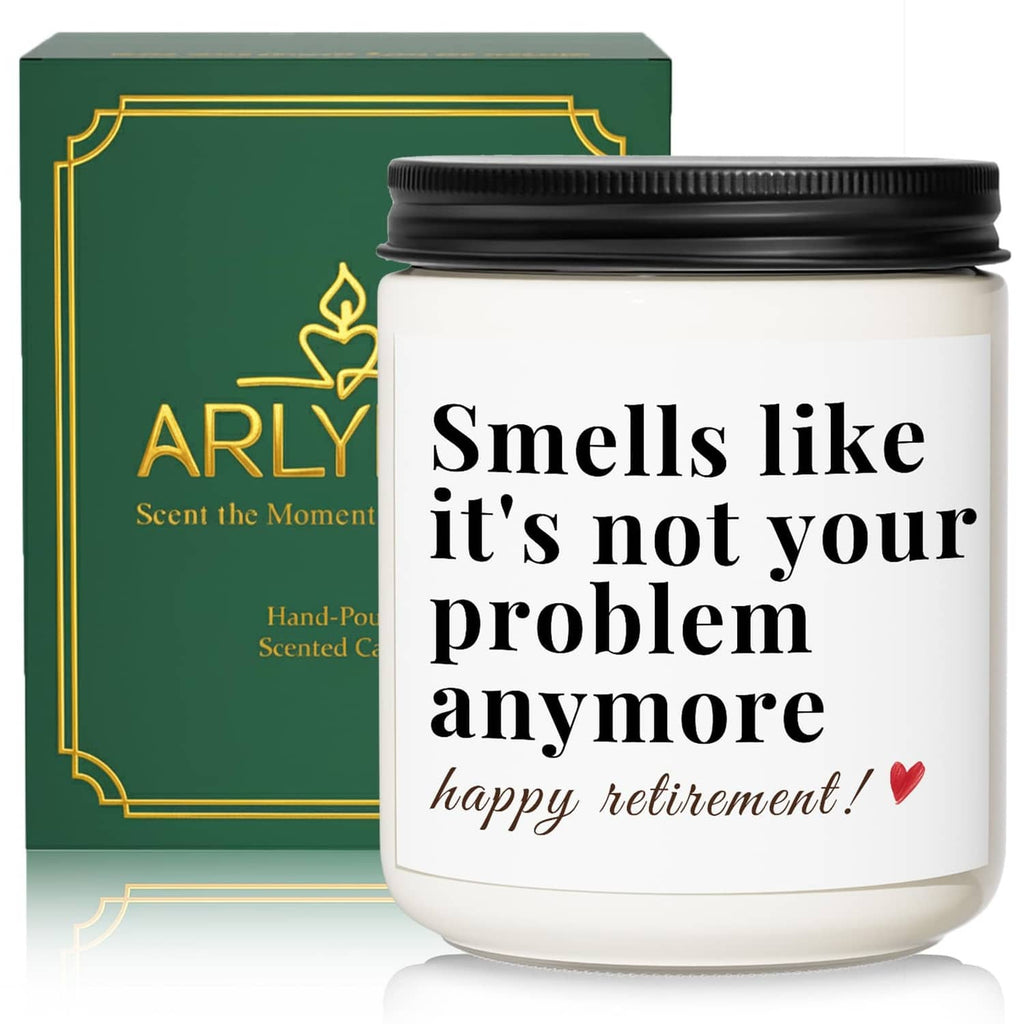 Creamy white soy wax candle jar with black lid in front of green “ARLY” gift box.