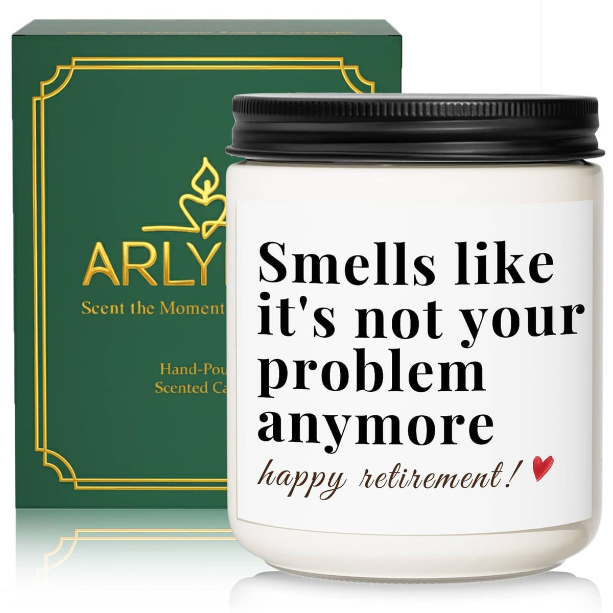 Creamy white soy wax candle jar with black lid in front of green “ARLY” gift box.