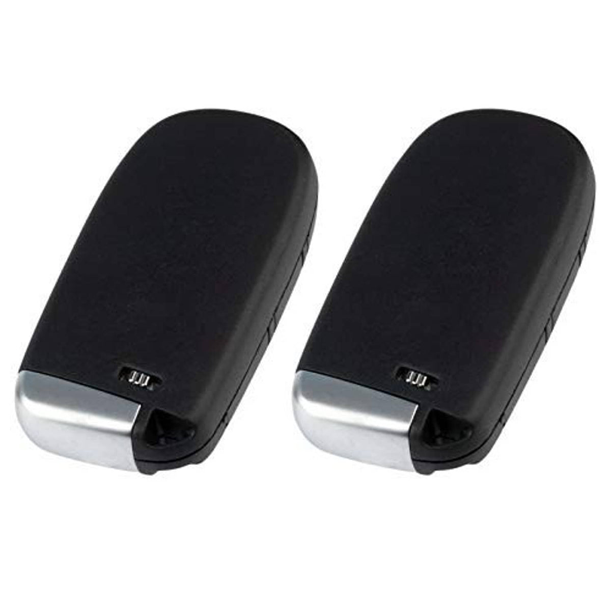 Two black key fob shells from back with metal end and side slot openings