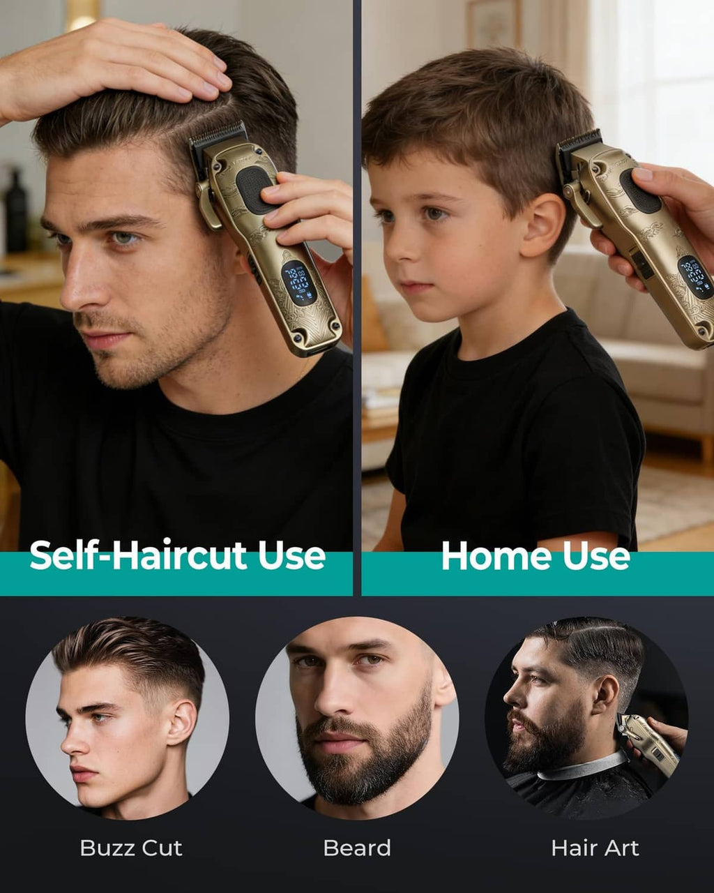 Gold hair clipper held for trimming hair on adult and child