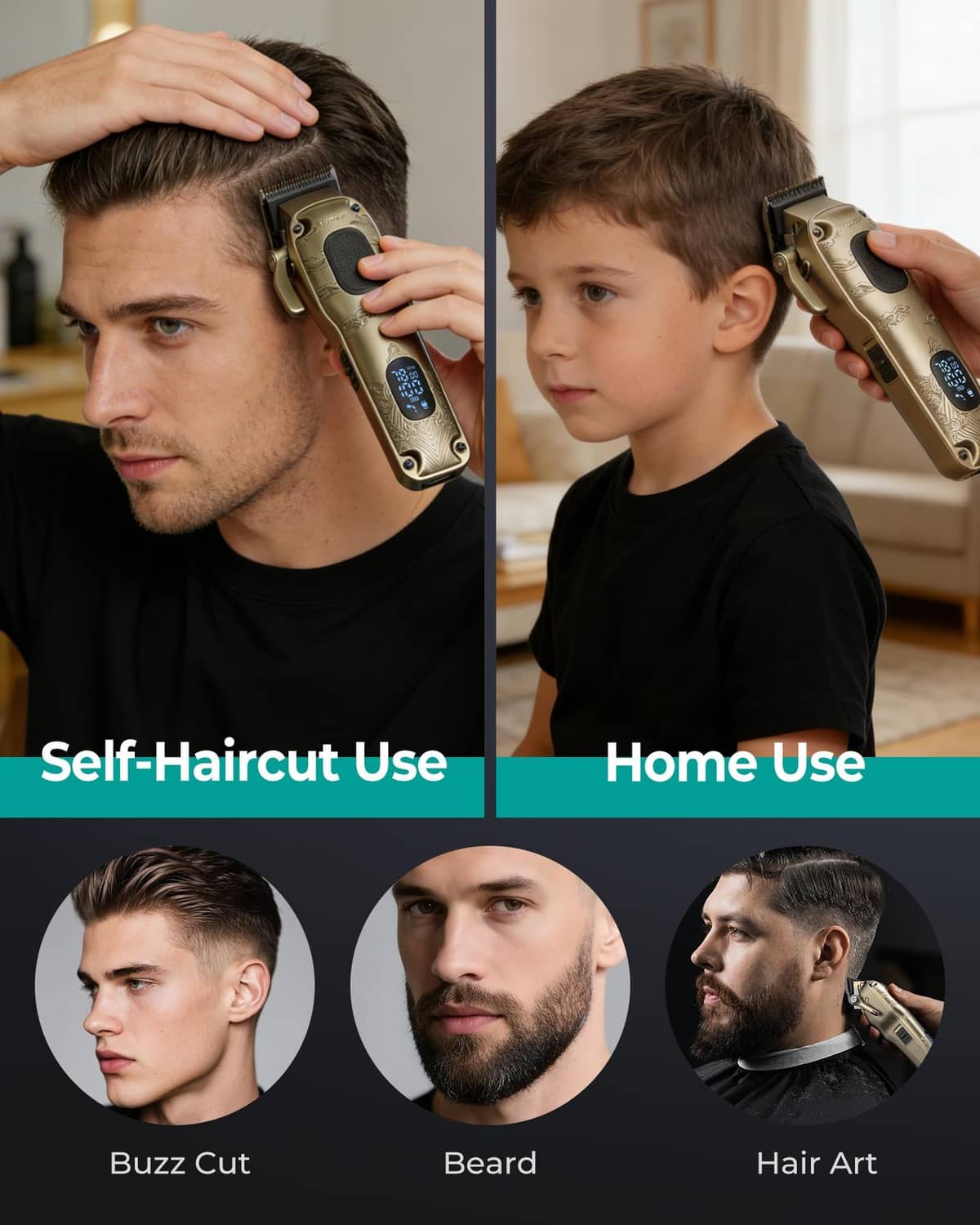Gold hair clipper held for trimming hair on adult and child