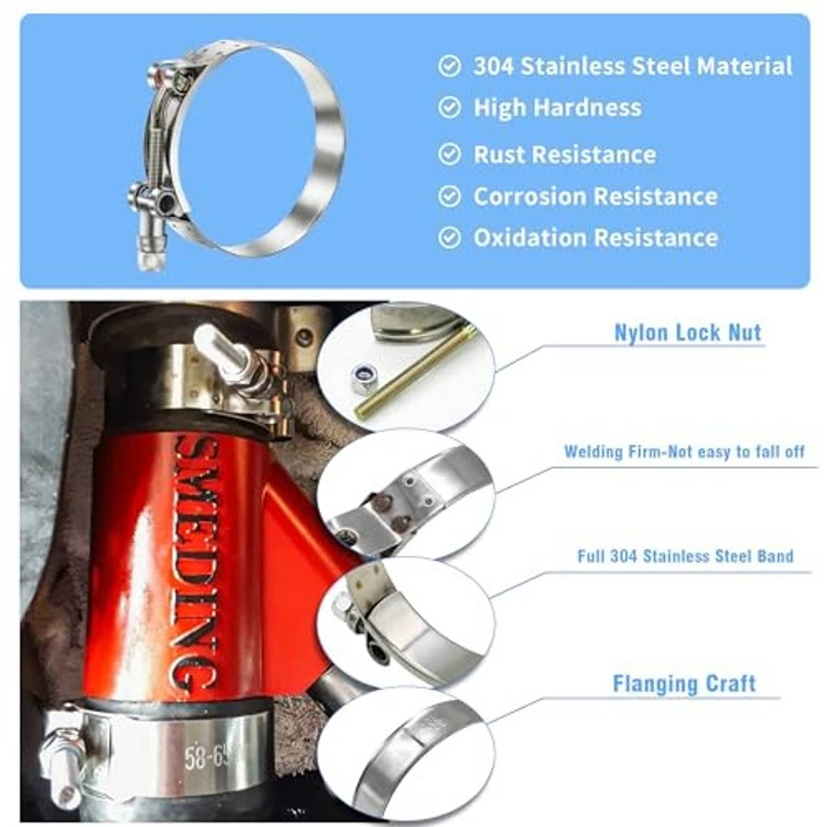 Stainless steel T-bolt hose clamp with nylon lock nut and full 304 steel band detail