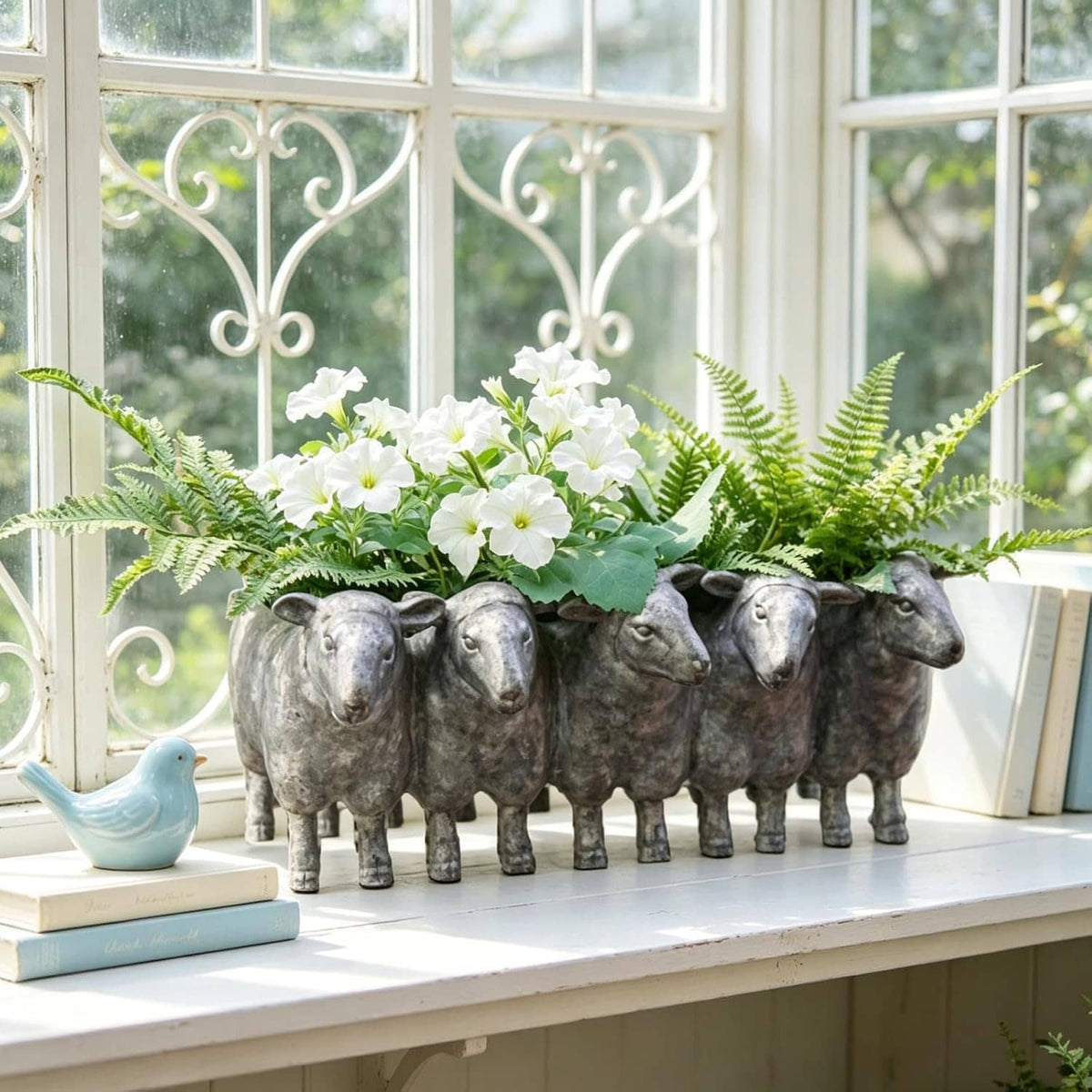 Dark gray resin sheep planter pot holding white flowers and ferns