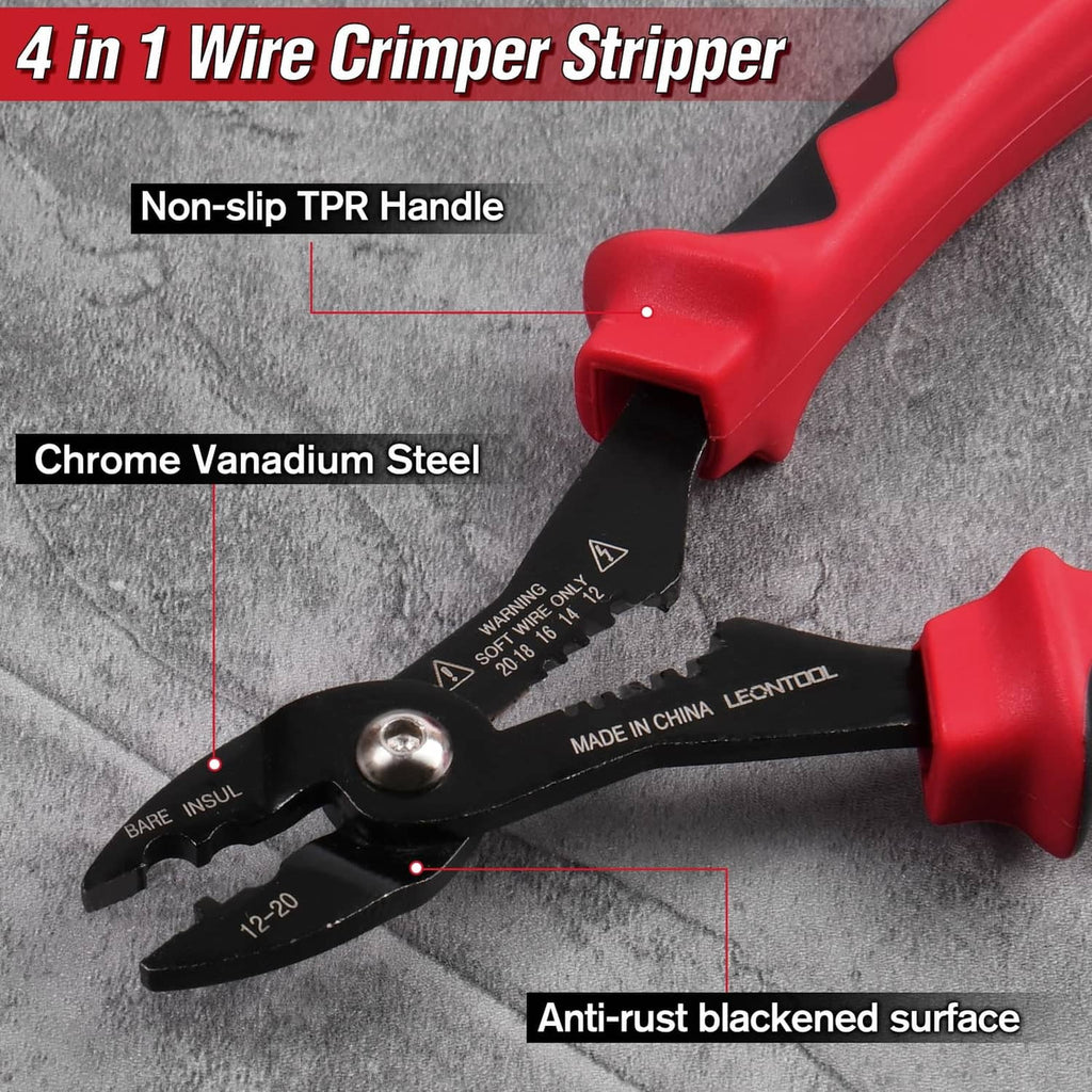 Red and black wire stripper crimper pliers with chrome vanadium steel jaws