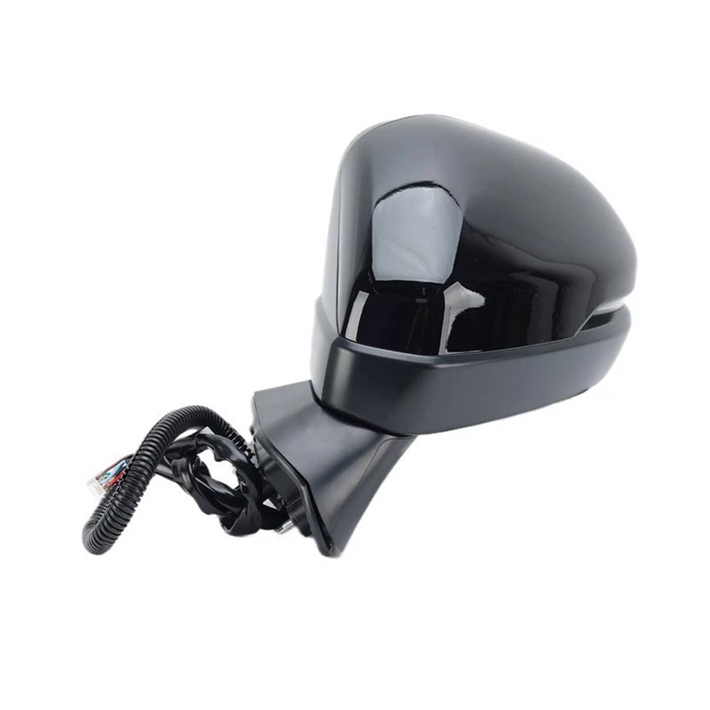 Side mirror angled view with glossy black housing and wiring connector