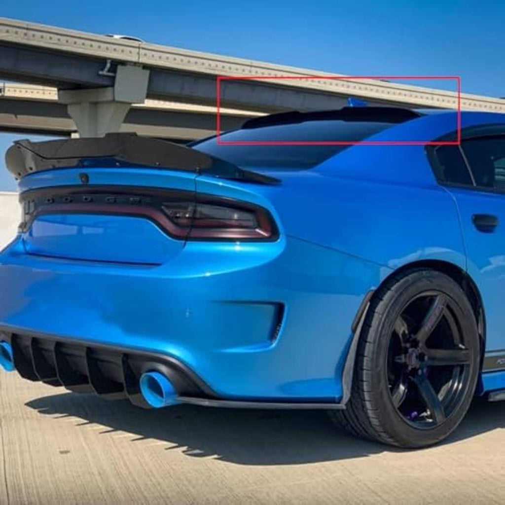 Rear window roof spoiler visor wing shown on rear roof panel, gloss black