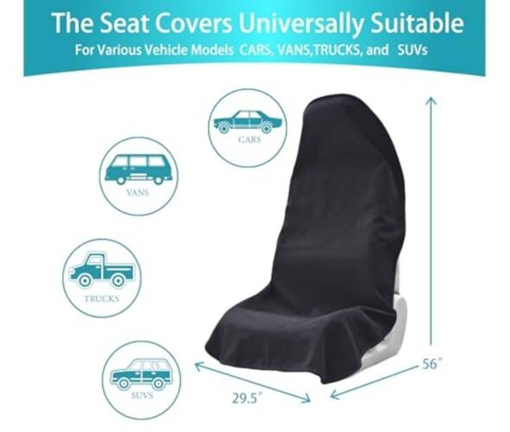 Universal front car seat cover, black fabric with high back and draped skirt