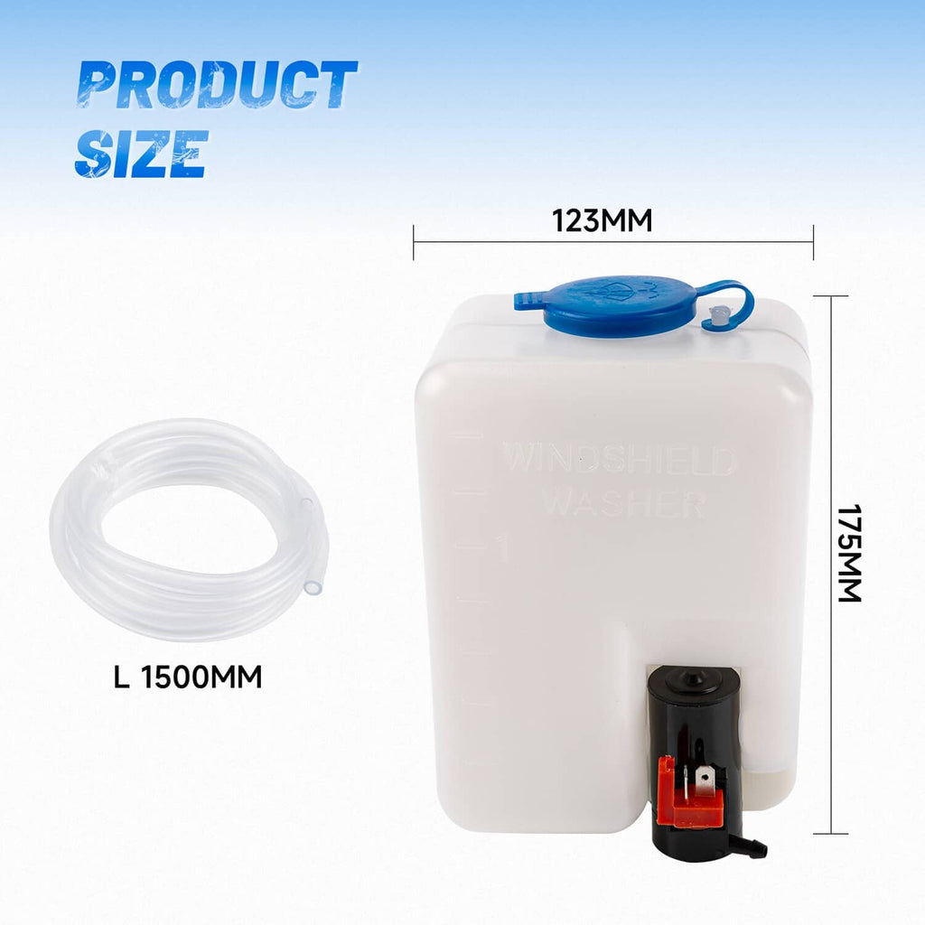 Washer reservoir bottle kit with blue cap, clear hose, and pump, 1.5L capacity