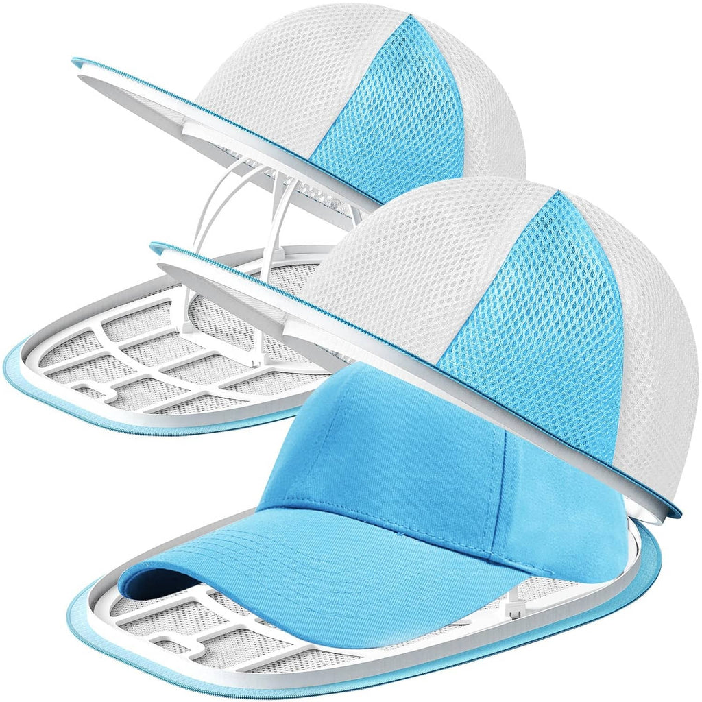 Blue and white mesh cap wash bags with rigid holder, open for washing