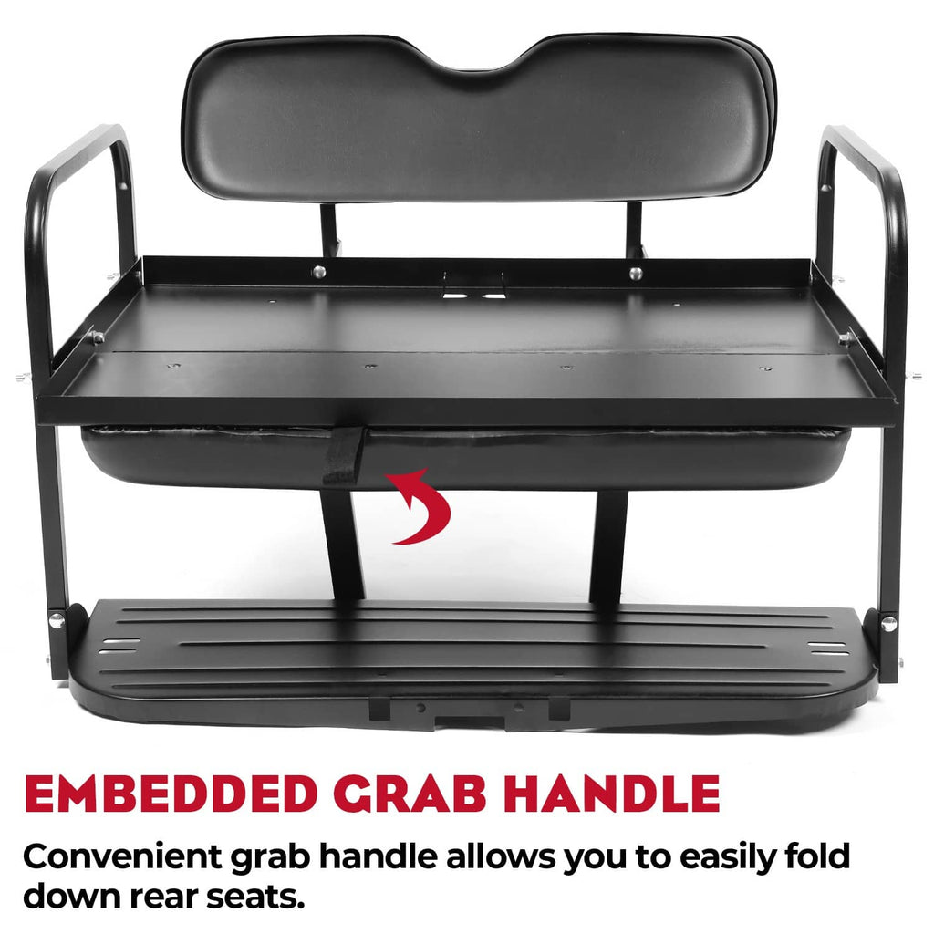 Rear back seat kit with embedded grab handle, flip-down rear seat base and frame