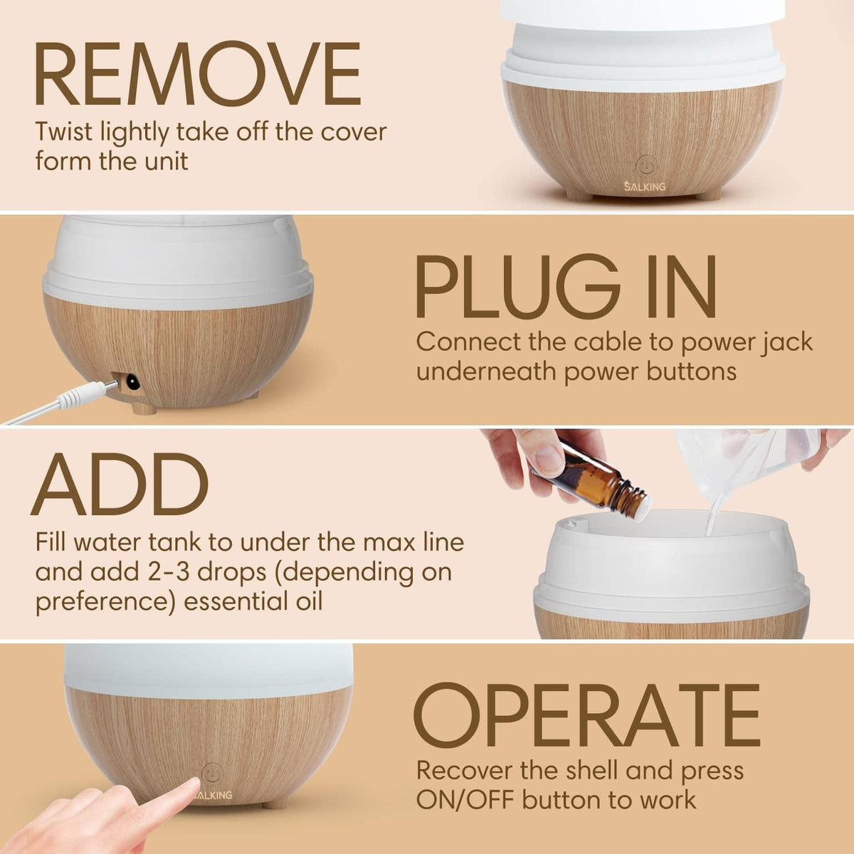 Essential oil diffuser with removable top cover and visible power controls on wood base