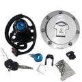 Ignition switch and fuel cap lock set with keys, blue cylinder, and mounting parts