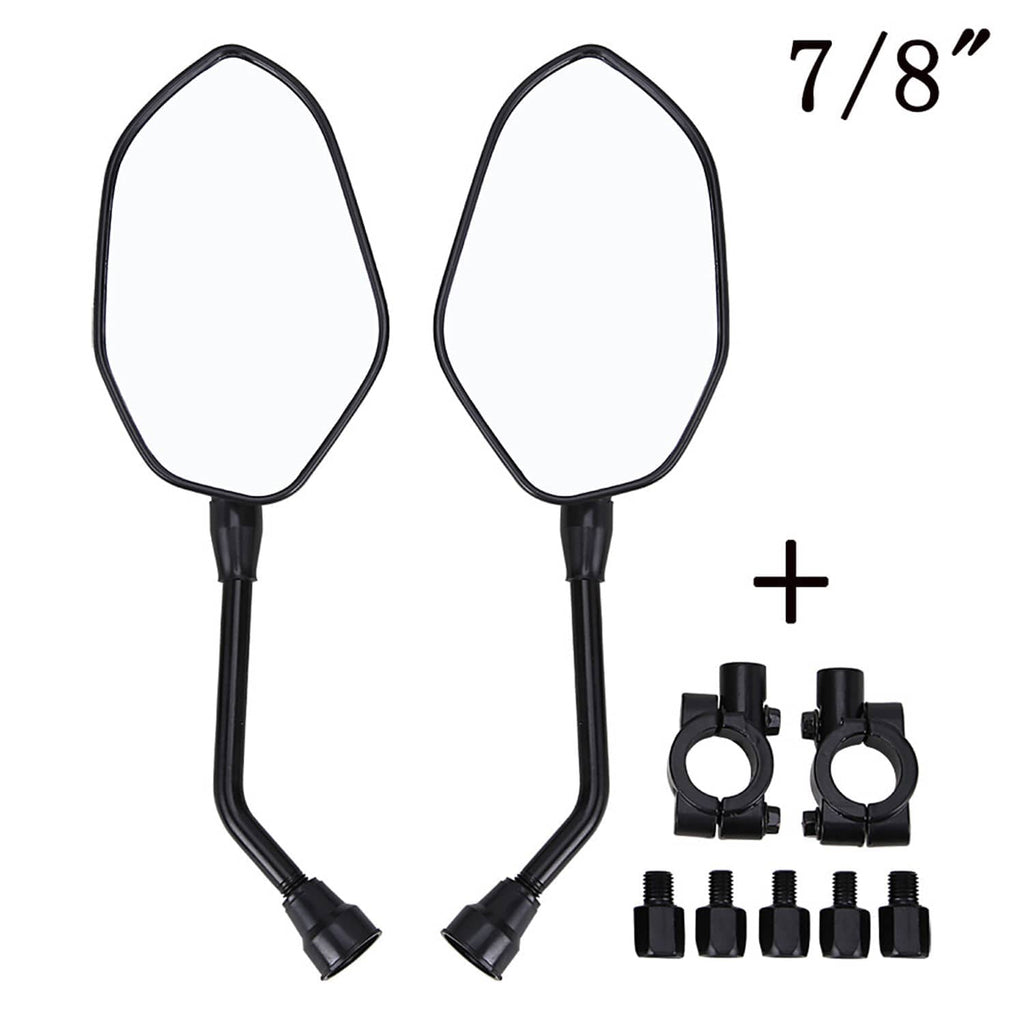 Pair of oval ATV side mirrors with long black arms and clamps, plus hardware