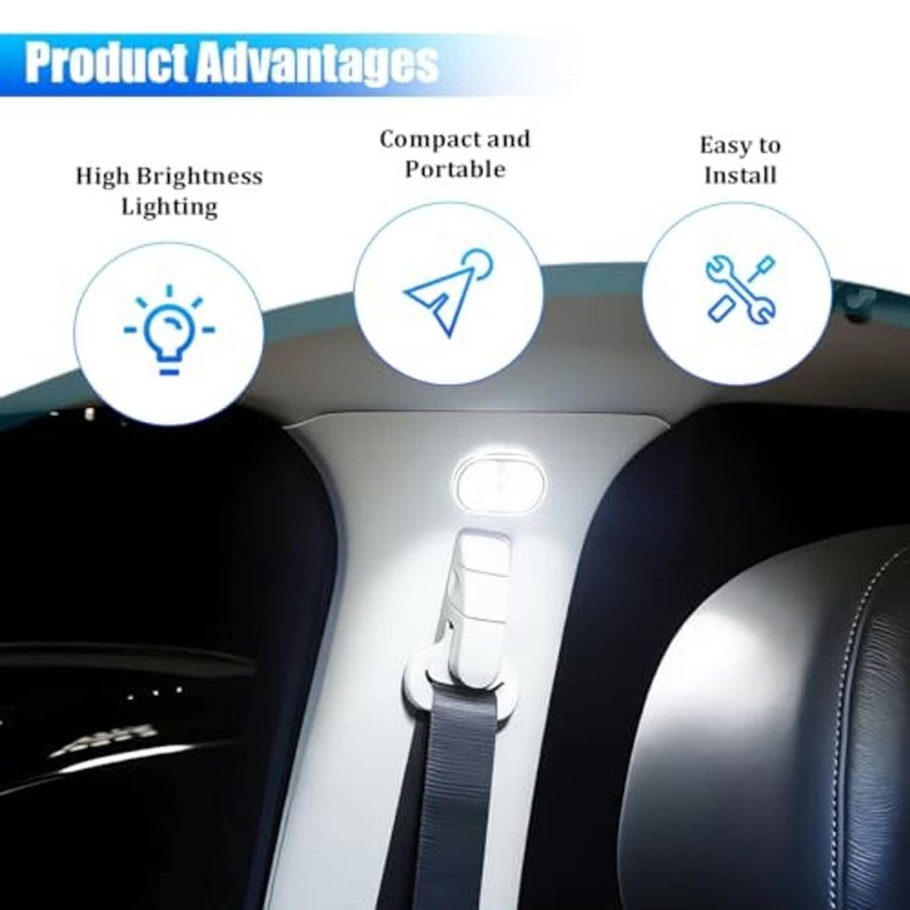 Compact oval LED interior light glowing on car seatbelt area panel
