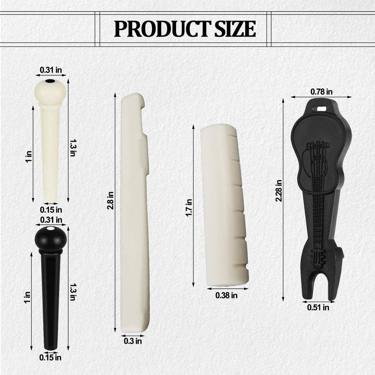 Acoustic bridge pin set and black string lifter tool with size diagram