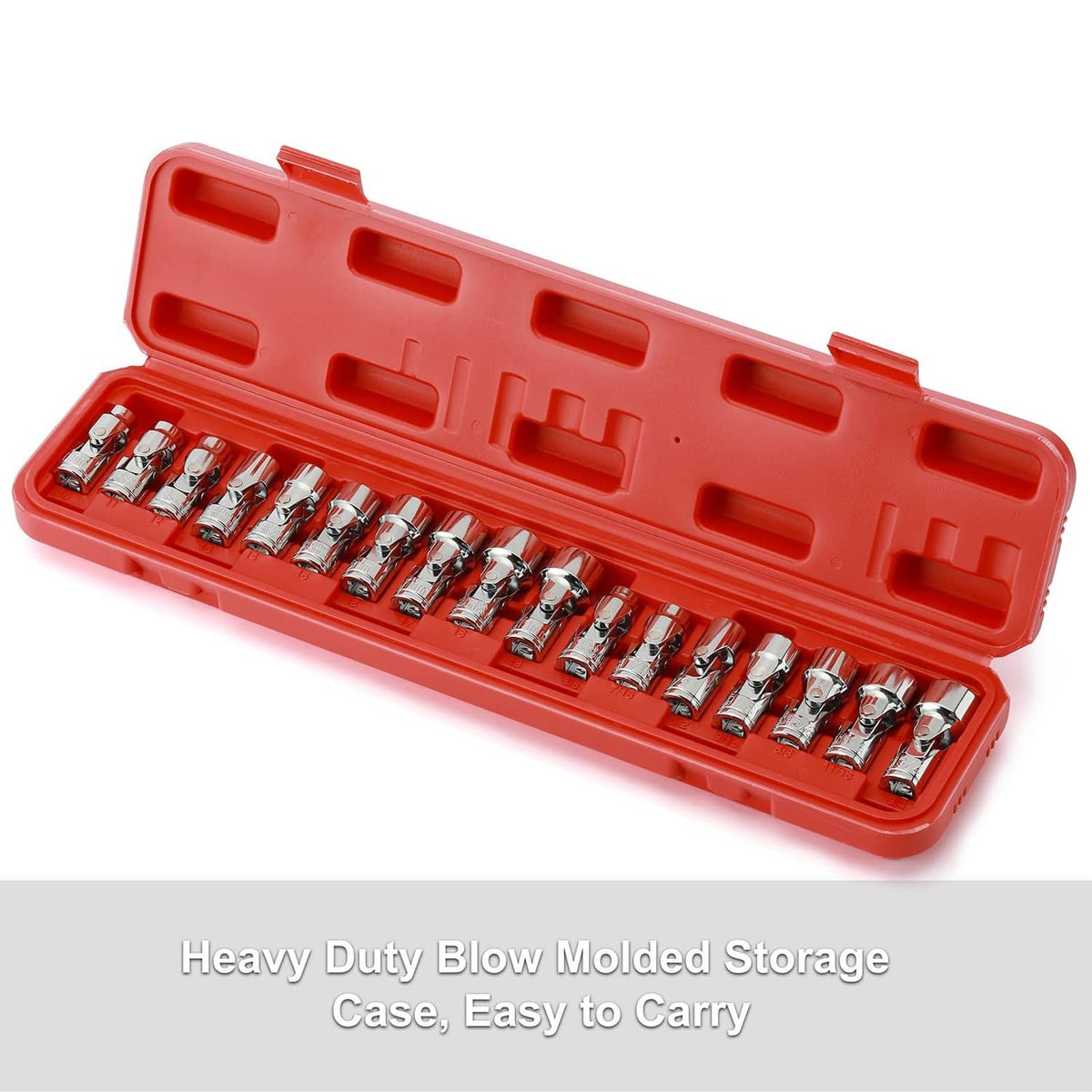 Open red blow-molded case with row of chrome universal sockets inside