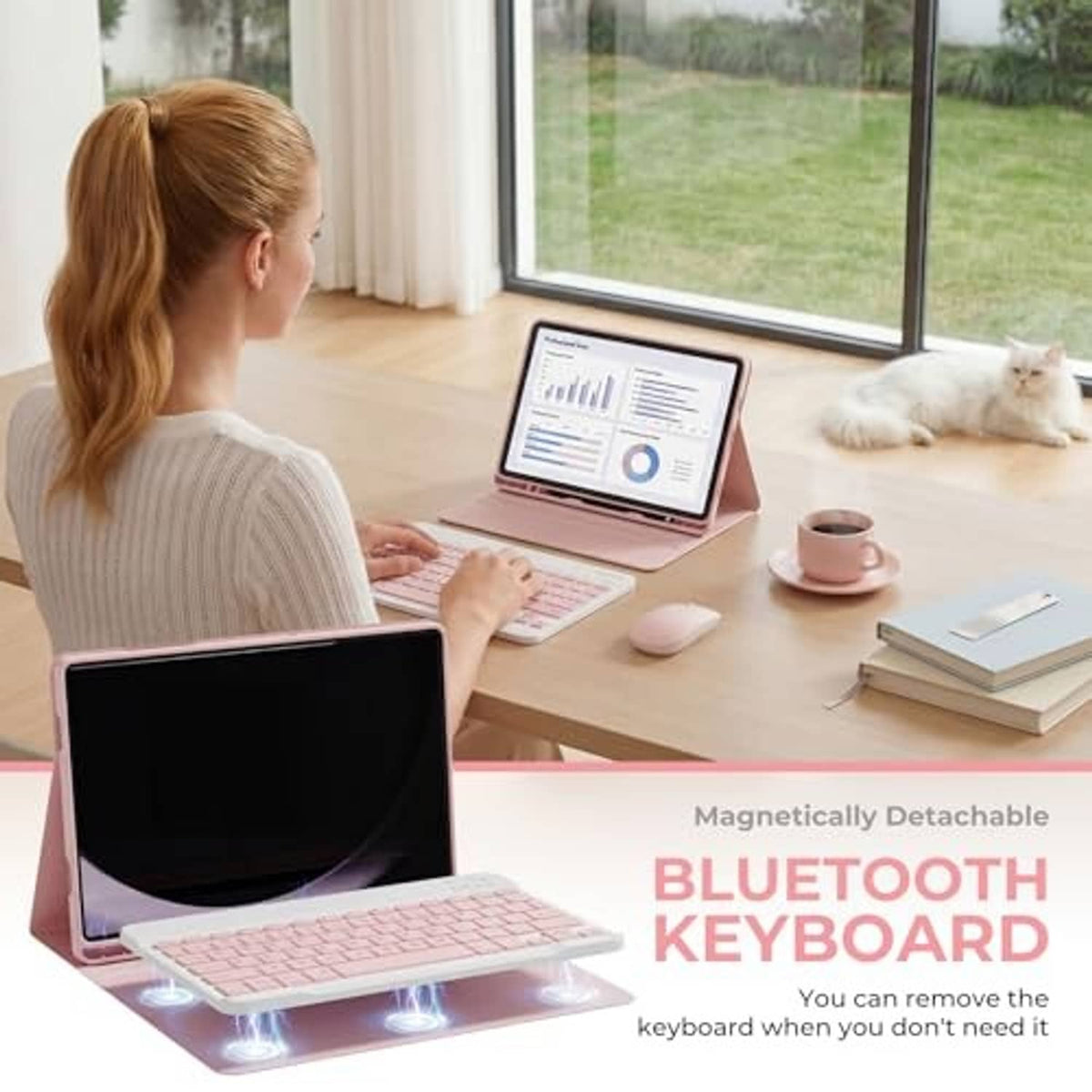 Pink keyboard case with detachable Bluetooth keyboard, tablet propped on stand