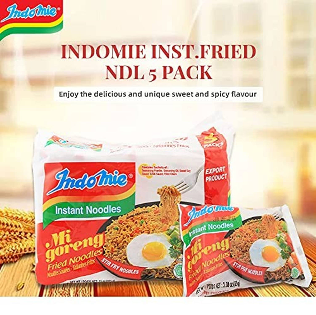 Indomie instant fried noodles Mi Goreng 5-pack with two packages shown together