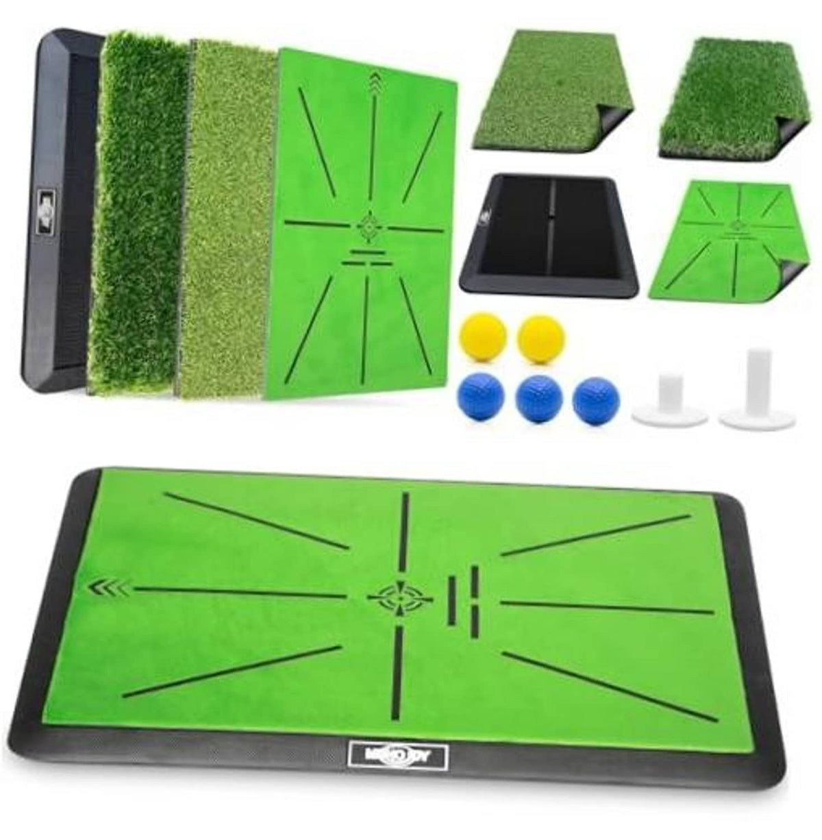 Golf practice hitting mat set with green turf inserts, alignment guides, and tees