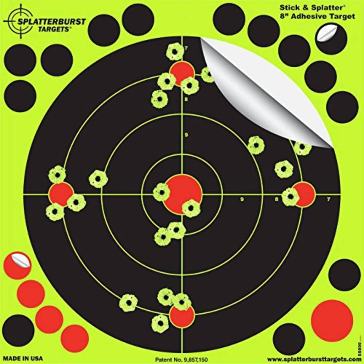 8-inch black adhesive shooting target with neon green reactive dots and red bullseye rings