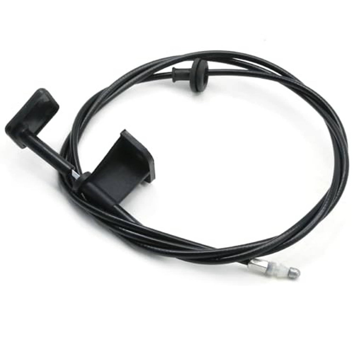 Black hood release cable with plastic fasteners and metal pull end