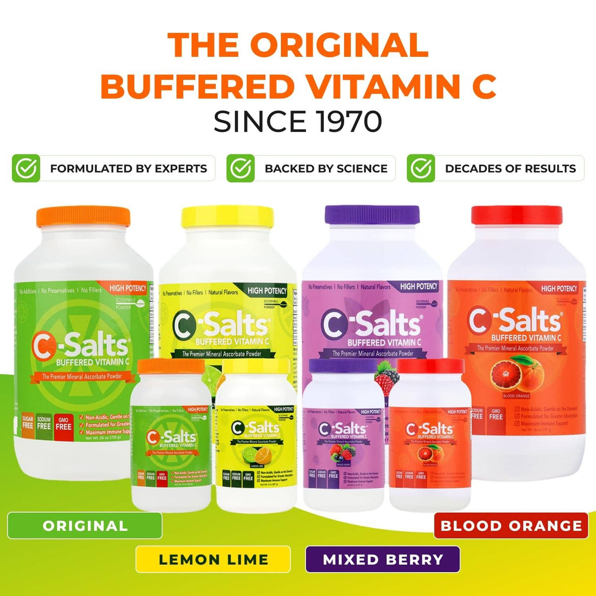 Assorted C-Salts buffered vitamin C powder bottles with orange caps and label colors.