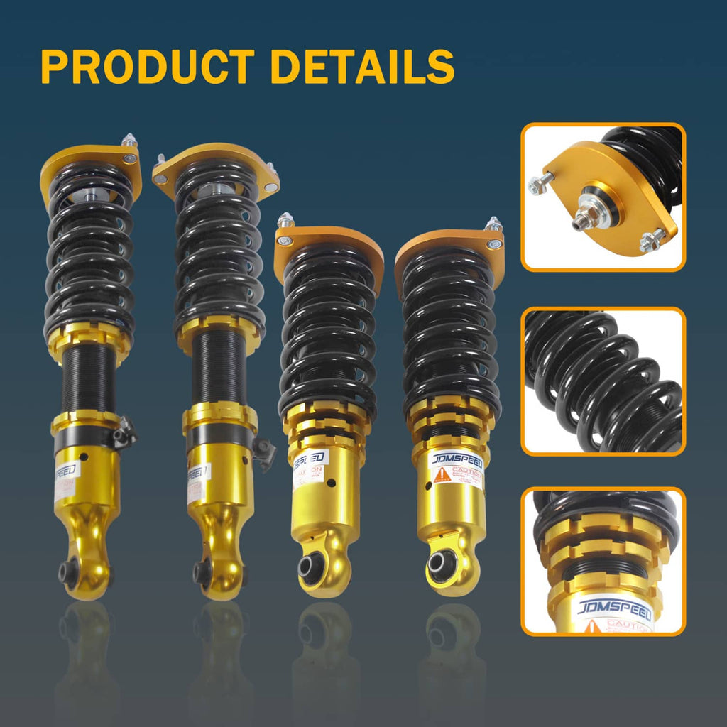 Multiple gold coilover struts with black springs, detailed close-up insets