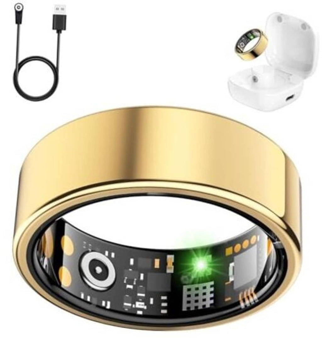 Gold smart health ring with black display window and glowing sensor light in charging dock