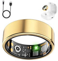 Gold smart health ring with black display window and glowing sensor light in charging dock