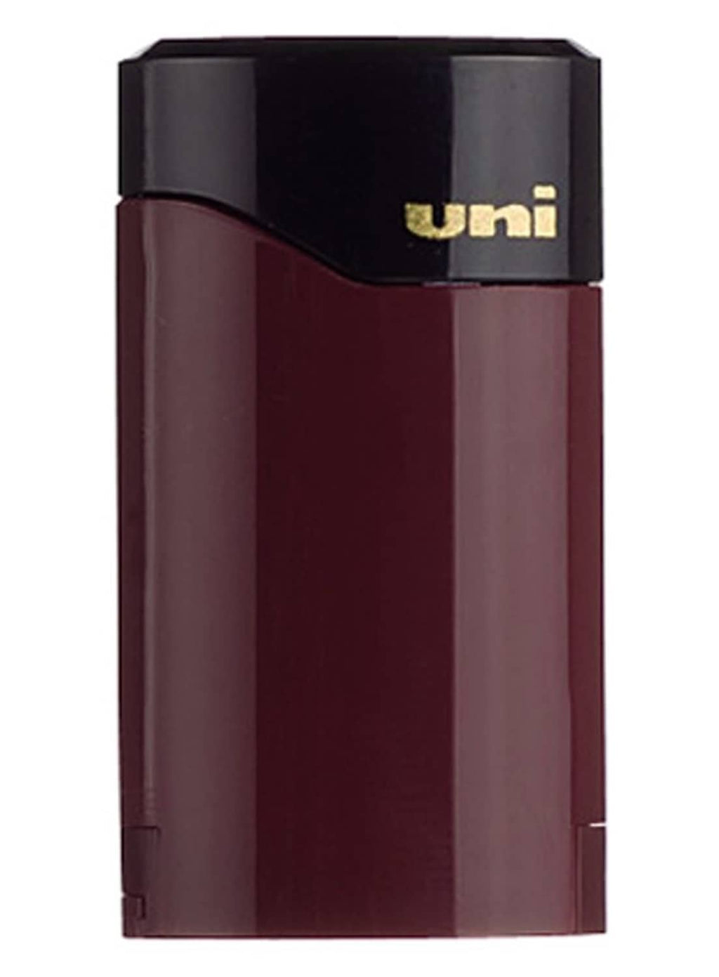 Pocket pencil sharpener with dark maroon body and black top, with uni logo