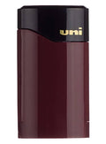 Pocket pencil sharpener with dark maroon body and black top, with uni logo
