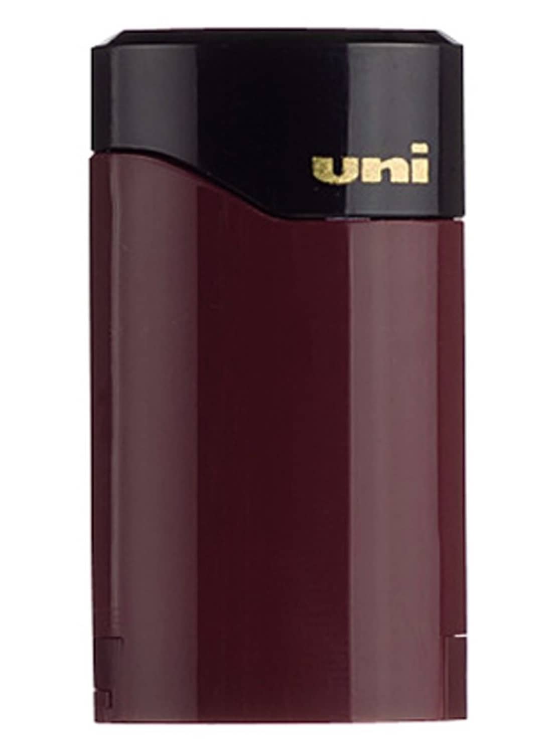Pocket pencil sharpener with dark maroon body and black top, with uni logo