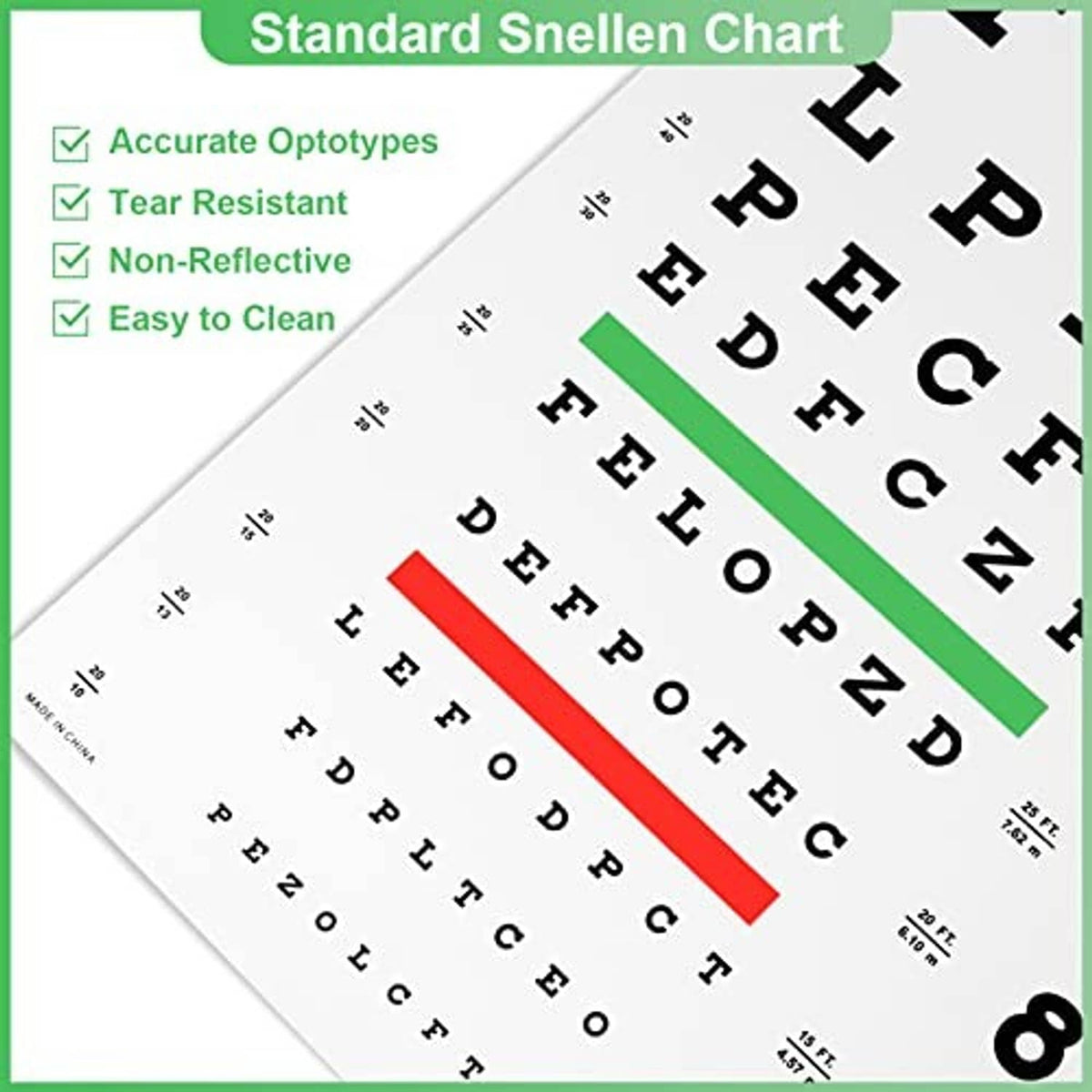 Standard Snellen chart with black letter symbols and red and green highlight lines
