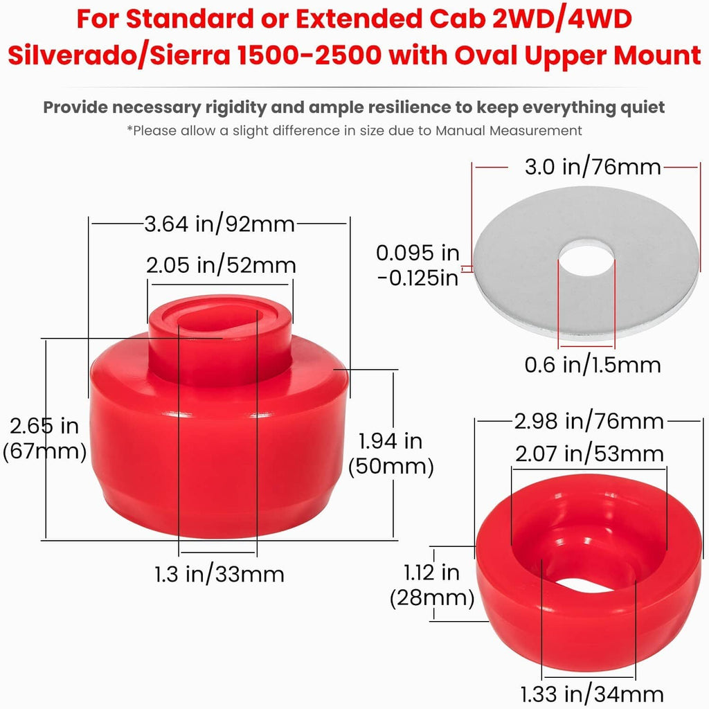 Red silicone body cab mount bushing with gray washer, oval upper mount style