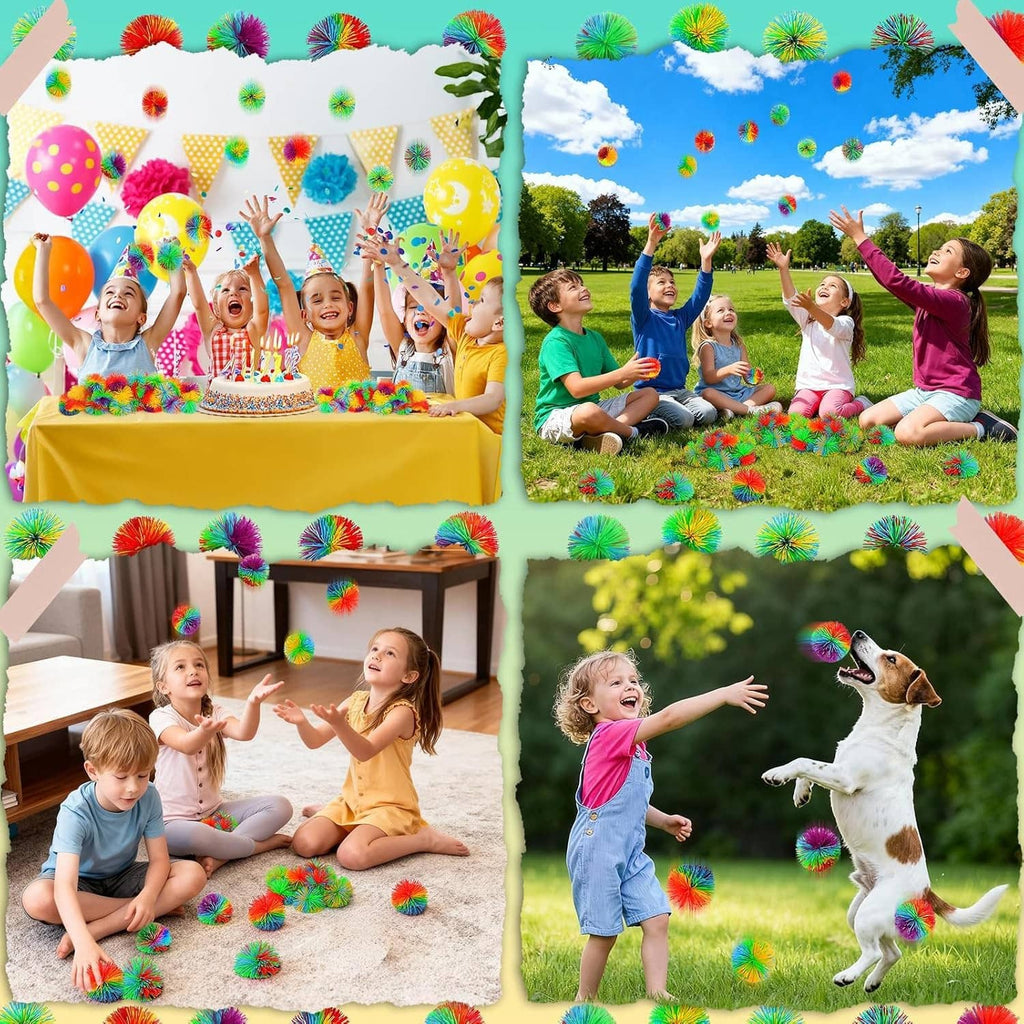 Rainbow stringy pom stress balls for parties, children and dog playing