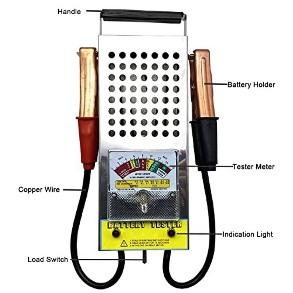 Battery tester front view with handle, tester meter, indicator light, and copper wire leads
