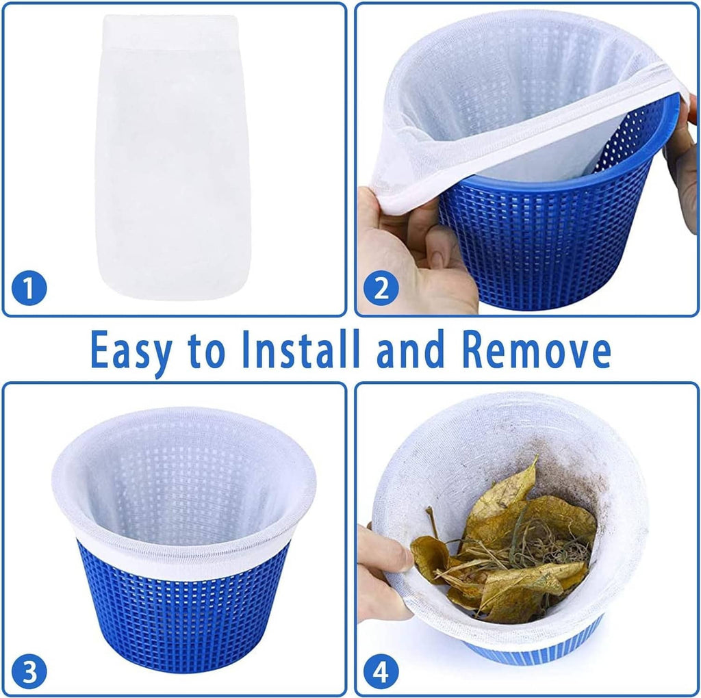 Pool skimmer sock pre-filter, translucent white sleeve for a blue filter basket.