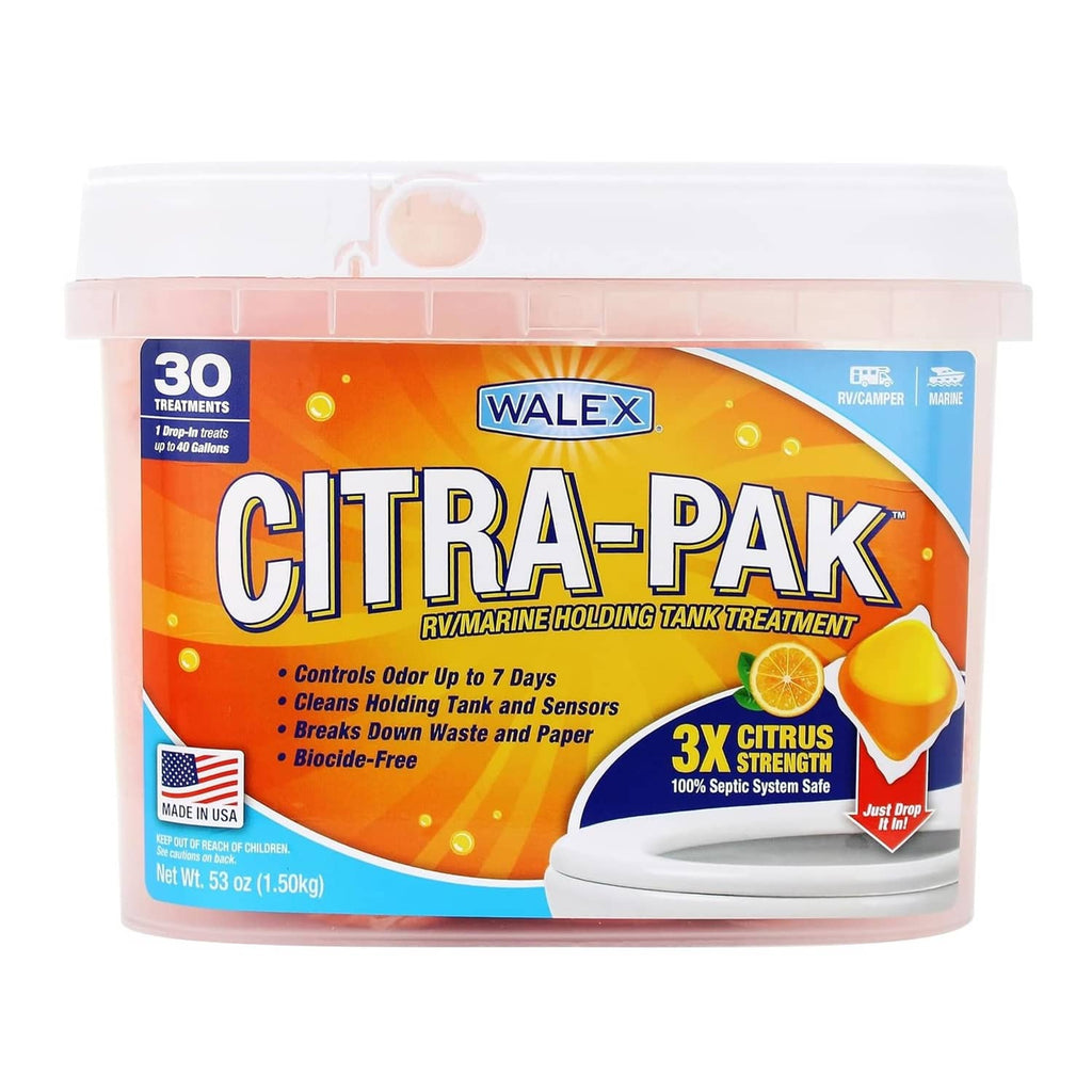 Walex Citra-Pak RV toilet tank treatment drop-ins, white tub, 30-count
