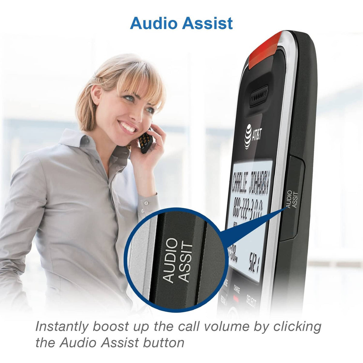 Black cordless phone handset side with speaker and Audio Assist button area