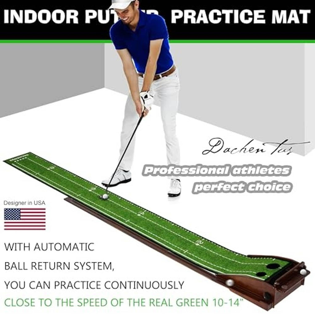 Olive-green indoor putting practice mat with automatic ball return system and cup holes