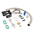 Oil feed line kit with braided hose, black fittings, silver adapters, blue connector, gaskets