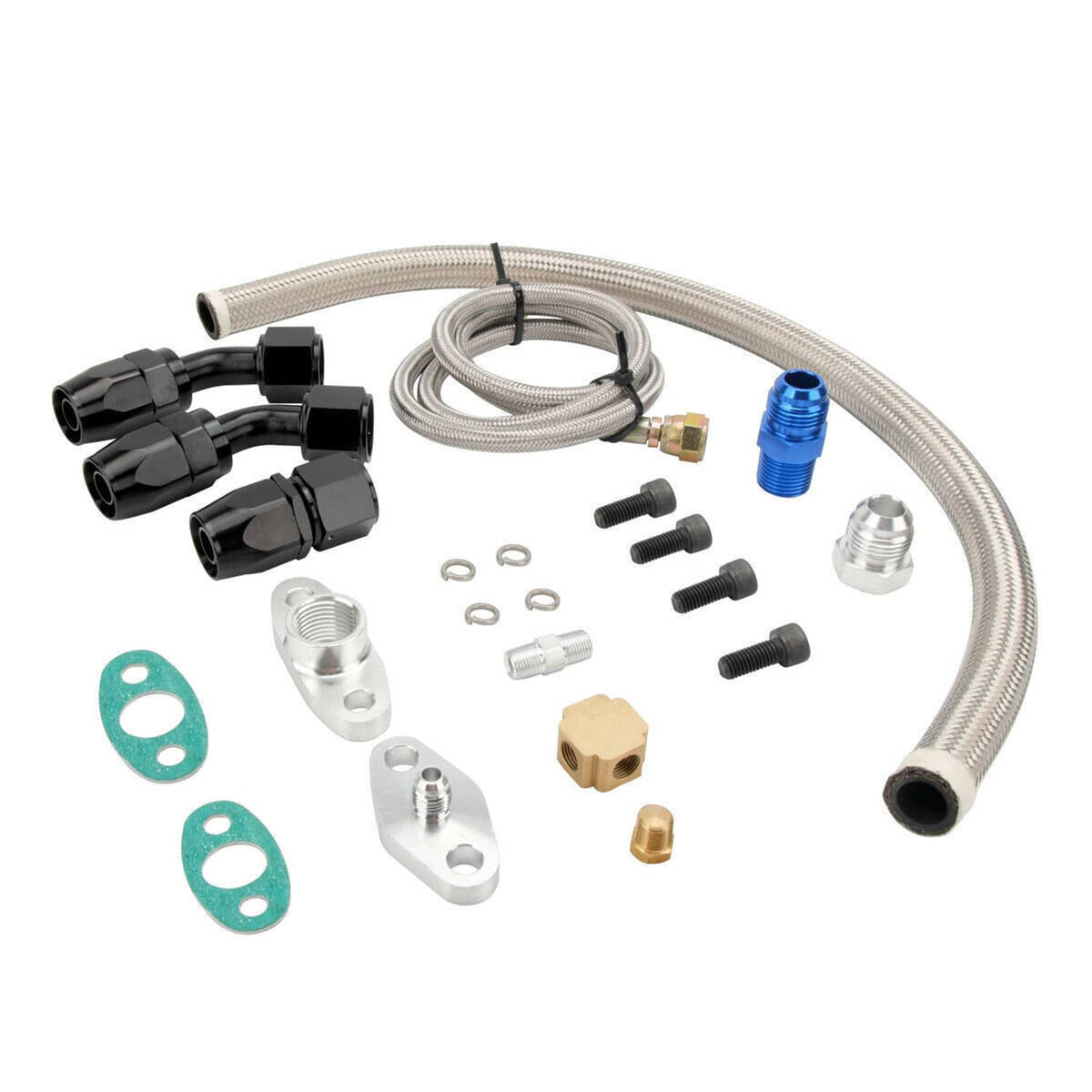 Oil feed line kit with braided hose, black fittings, silver adapters, blue connector, gaskets