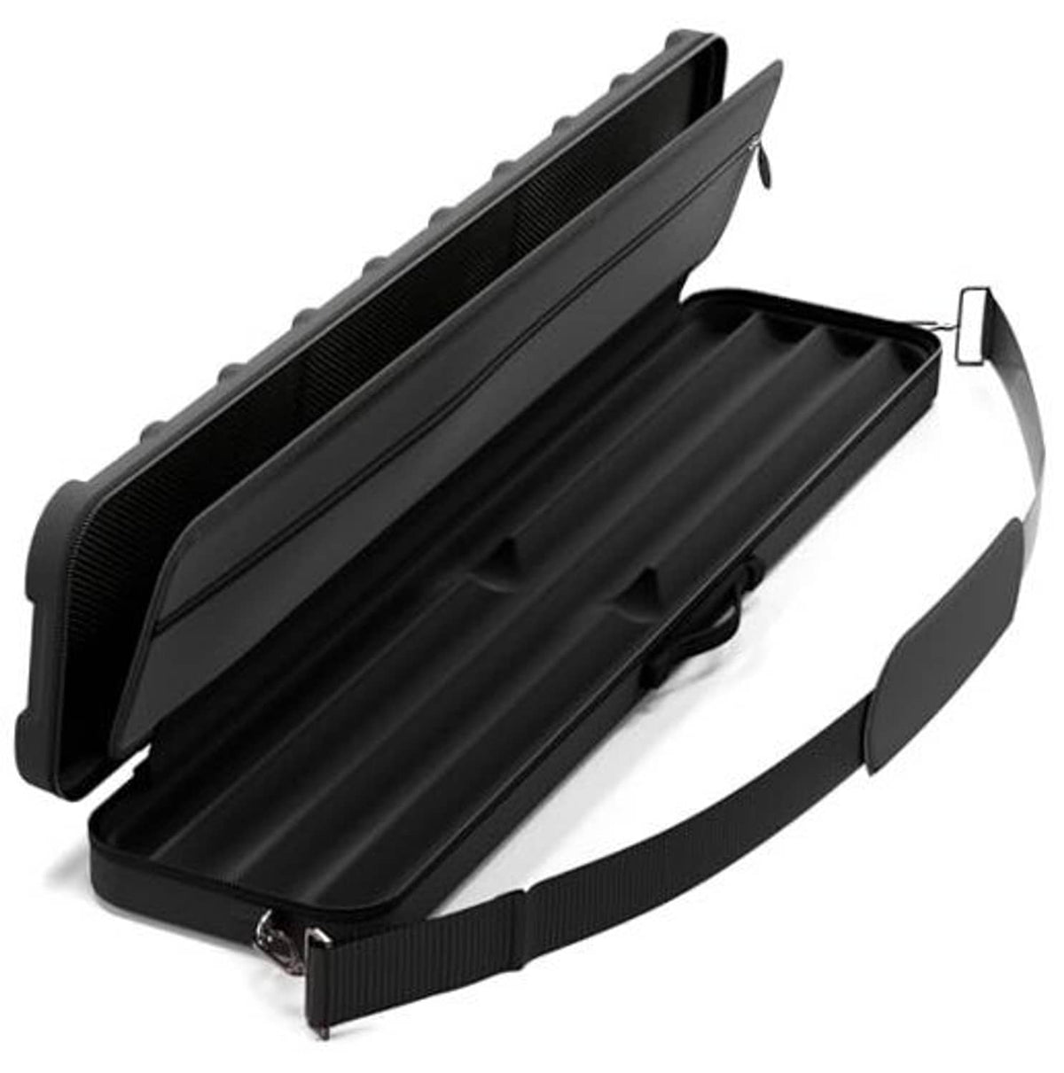Black 2-cue billiard case with molded padded slots, zipper, and carrying strap.